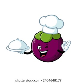 vector cartoon, character, and mascot of a chef mangosteen holding tray catering.