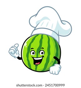 vector cartoon, character, and mascot of a chef watermelon with thumbs up hand.