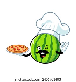 vector cartoon, character, and mascot of a chef watermelon holding pizza.