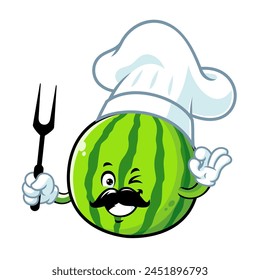 vector cartoon, character, and mascot of a chef watermelon holding grilled fork.