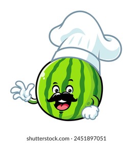 vector cartoon, character, and mascot of a chef watermelon with wave hand.