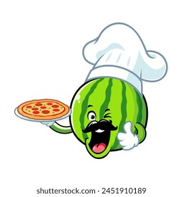 vector cartoon, character, and mascot of a chef watermelon holding pizza.