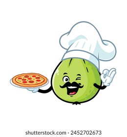 vector cartoon, character, and mascot of a chef guava holding pizza.
