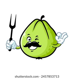 vector cartoon, character, and mascot of a chef guava holding grilled fork.