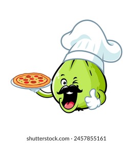 vector cartoon, character, and mascot of a chef guava holding pizza.