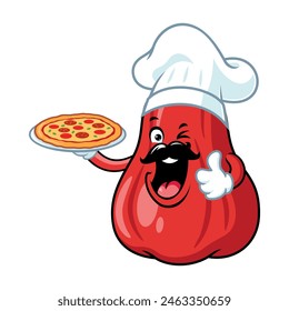 vector cartoon, character, and mascot of a chef apple water holding pizza.