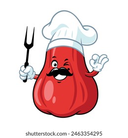 vector cartoon, character, and mascot of a chef apple water holding grilled fork.