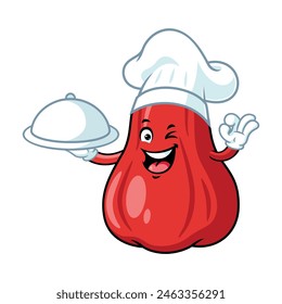 vector cartoon, character, and mascot of a chef apple water holding tray catering.