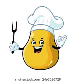 vector cartoon, character, and mascot of a chef yellow pear holding grilled fork.