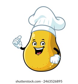 vector cartoon, character, and mascot of a chef yellow pear with thumbs up hand.