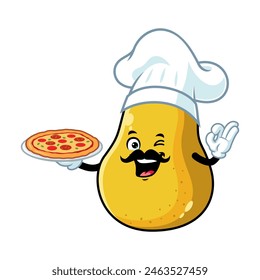 vector cartoon, character, and mascot of a chef yellow pear holding pizza.