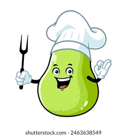 vector cartoon, character, and mascot of a chef green pear holding grilled fork.