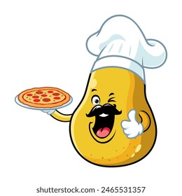 vector cartoon, character, and mascot of a chef yellow pear holding pizza.