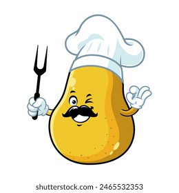 vector cartoon, character, and mascot of a chef yellow pear holding grilled fork.