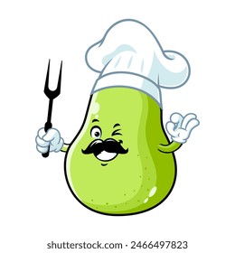 vector cartoon, character, and mascot of a chef green pear holding grilled fork.