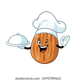 vector cartoon, character, and mascot of a chef almond holding tray catering.
