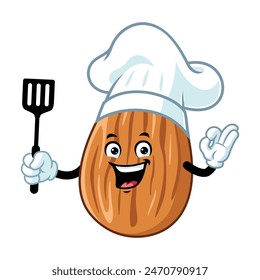 vector cartoon, character, and mascot of a chef almond holding spatula.