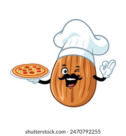 vector cartoon, character, and mascot of a chef almond holding pizza.