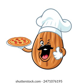 vector cartoon, character, and mascot of a chef almond holding pizza.