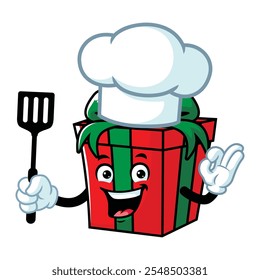 vector cartoon, character, and mascot of a chef gift box holding spatula.