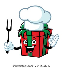 desenho animado vetorial, personagem e mascote de uma caixa de presente chef segurando garfo grelhado.