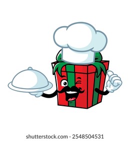 vector cartoon, character, and mascot of a chef moustahioed gift box holding tray catering.