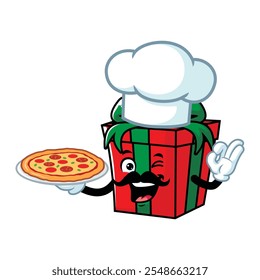 vector cartoon, character, and mascot of a chef gift box holding pizza.