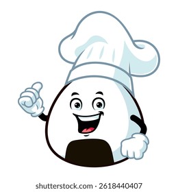 vector cartoon, character, and mascot of a chef onigiri with thumbs up hand.