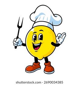 vector cartoon, character, and mascot of a chef lemon holding grilled fork.