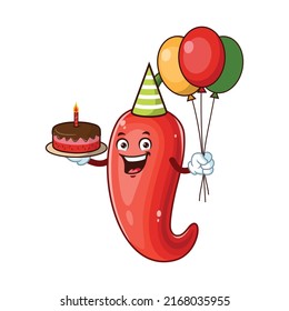 vector cartoon, character, and mascot of a chili holding cake and balloons.