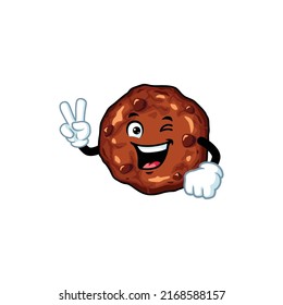 vector cartoon, character, and mascot of a chocolate chip cookies with two finger.