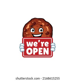 vector cartoon, character, and mascot of a chocolate chip cookies holding OPEN sign board.