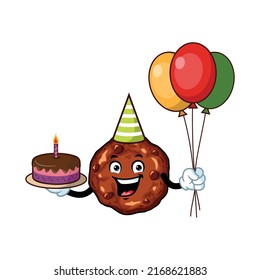 vector cartoon, character, and mascot of a chocolate chip cookies holding cake and baloons.