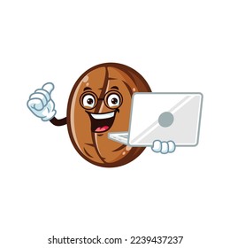 vector cartoon, character, and mascot of a coffee bean holding laptop.