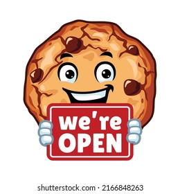 vector cartoon, character, and mascot of a cookies holding OPEN sign board.