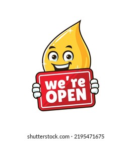 vector cartoon, character, and mascot of a cooking oil drop holding OPEN signboard.