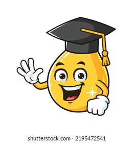 vector cartoon, character, and mascot of a cooking oil drop wearing graduation hat.