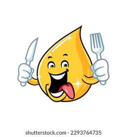 vector cartoon, character, and mascot of a cooking oil drop holding knife and fork.