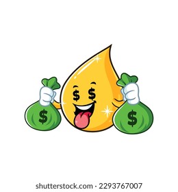dibujos animados vectoriales, personajes y mascota de una gota de aceite de cocina sosteniendo un saco de dinero.