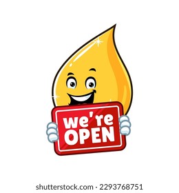 vector cartoon, character, and mascot of a cooking oil drop holding open signboard.