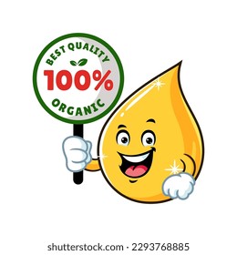 vector cartoon, character, and mascot of a cooking oil drop holding organic signboard.