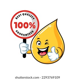 vector cartoon, character, and mascot of a cooking oil drop holding guaranteed signboard.