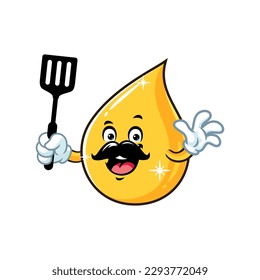 vector cartoon, character, and mascot of a cooking oil drop holding spatula.