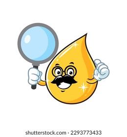 vector cartoon, character, and mascot of a cooking oil drop holding loupe.