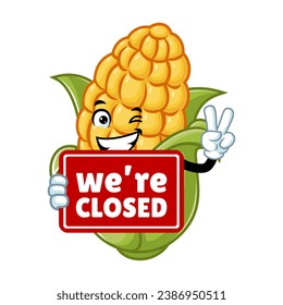 vector cartoon, character, and mascot of a corn holding closed signboard.