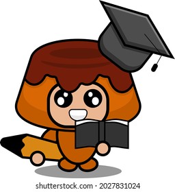 vector cartoon character mascot costume food cute brown cake holding pencil and book wearing graduation cap