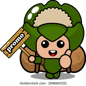 vector cartoon character mascot costume illustration cute cauliflower vegetable wearing a bag and holding a promo board