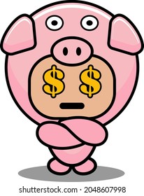 vector cartoon character mascot costume cute animal illustration pig with money eye