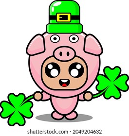 vector cartoon character mascot costume cute animal illustration pig holding clover leaf and wearing st patrick's hat