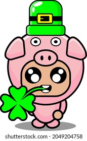 vector cartoon character mascot costume cute animal illustration pig biting clover leaf and wearing st patrick's hat